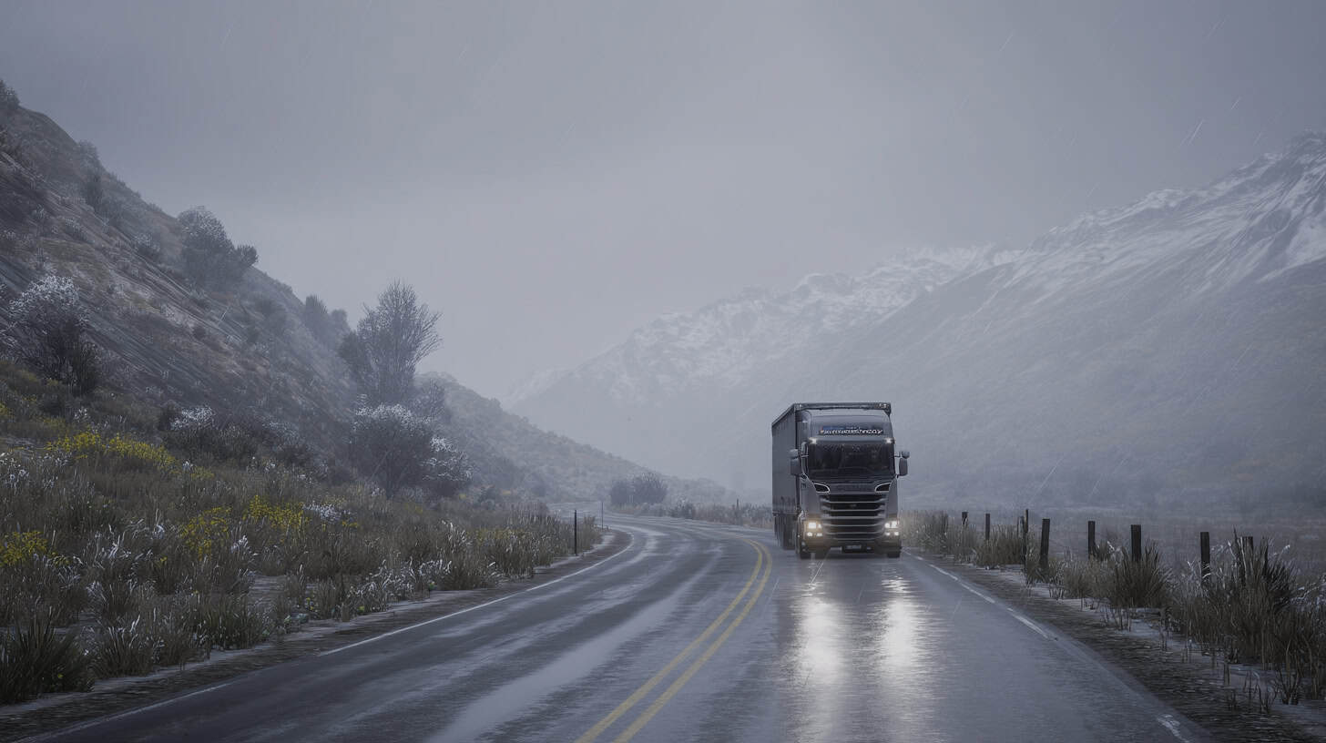 A_truck_driving_on_a_winding_North_Island_mountain_road_Winter